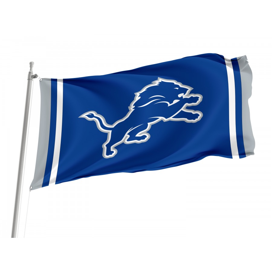 Detroit Lions New Logo flag flying outdoors, 3x5 polyester flag with brass grommets.