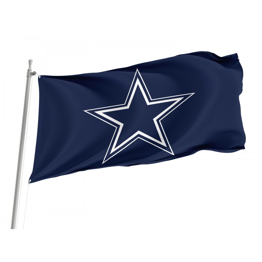 Dallas Cowboys flag flying outdoors with the iconic star logo in blue and white.