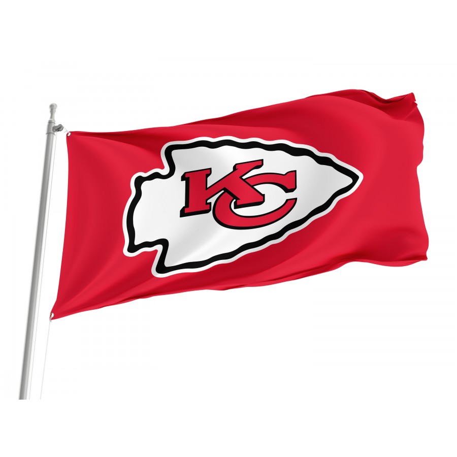 Kansas City Chiefs flag flying outdoors, 3x5 polyester flag with brass grommets.