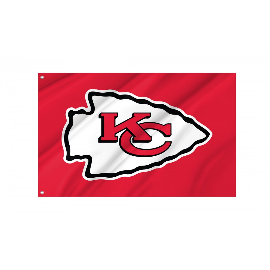 Kansas City Chiefs flag flying outdoors, 3x5 polyester flag with brass grommets.