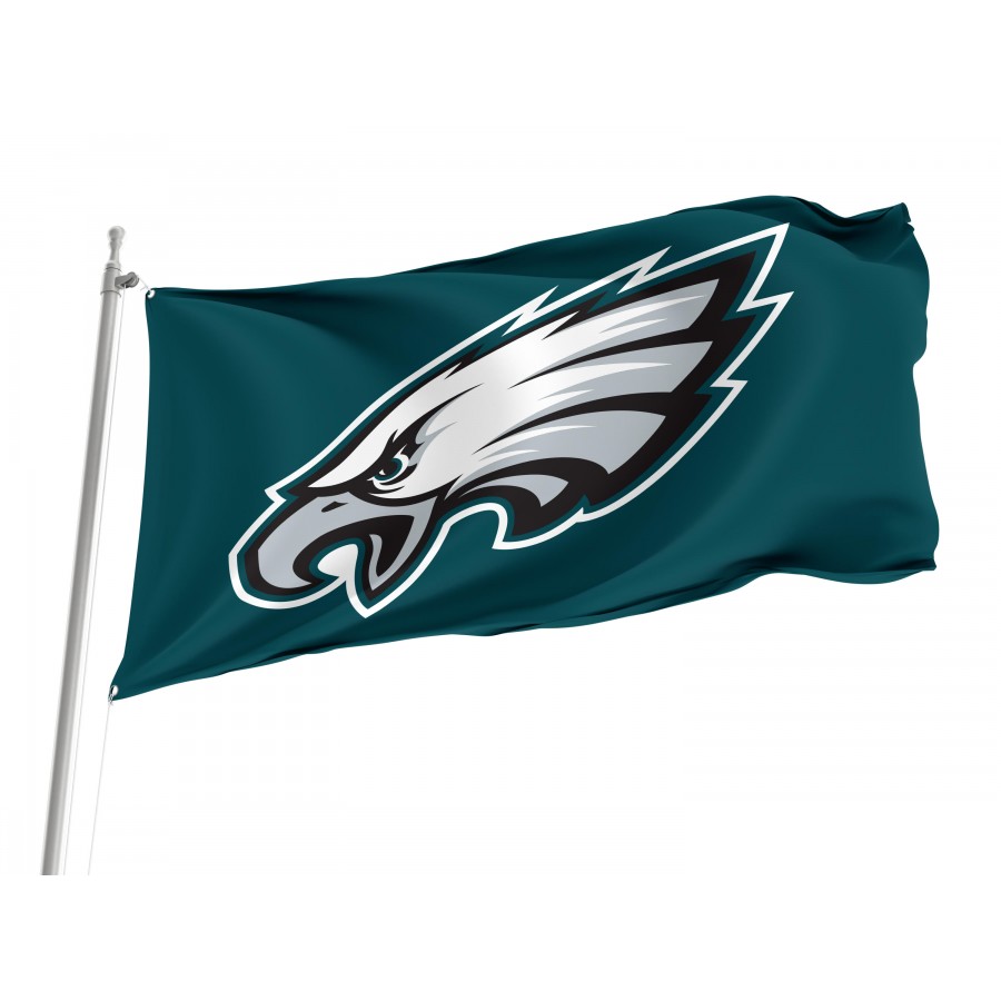 Philadelphia Eagles flag flying proudly outdoors, with the Eagles logo in vivid green and silver.