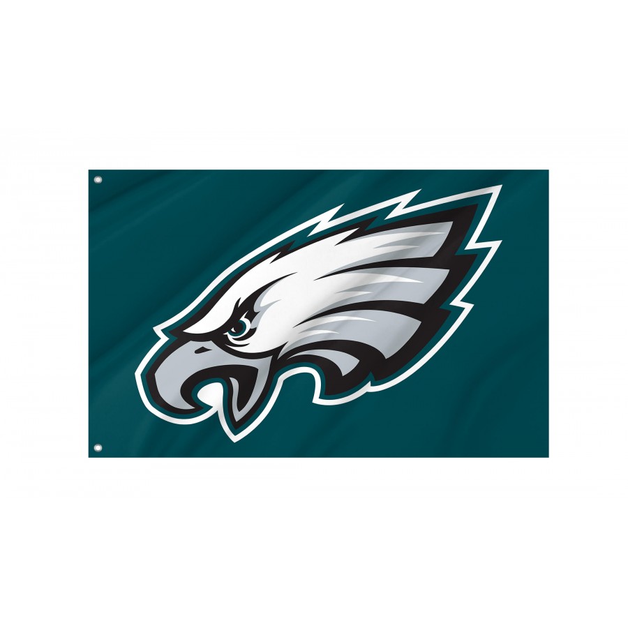 Philadelphia Eagles flag flying proudly outdoors, with the Eagles logo in vivid green and silver.