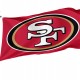 San Francisco 49ers flag with iconic logo, flying outdoors.