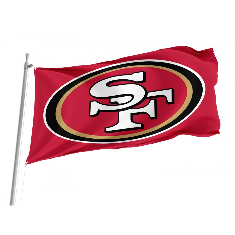 San Francisco 49ers flag with iconic logo, flying outdoors.