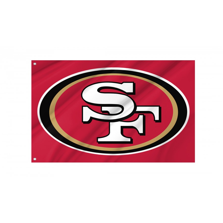 San Francisco 49ers flag with iconic logo, flying outdoors.