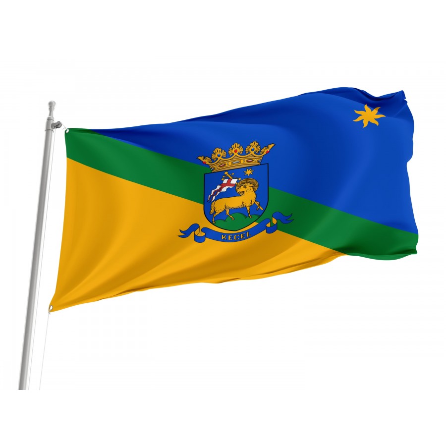 Flag of Kecel, Hungary, featuring the town's coat of arms with a crowned golden sheep on a blue, green, and yellow tricolor background
