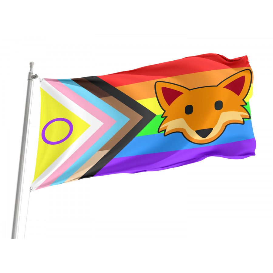 Flag of Fox Emoji on Progress Pride, Unique Design Print, Flags for Indoor & Outdoor Use