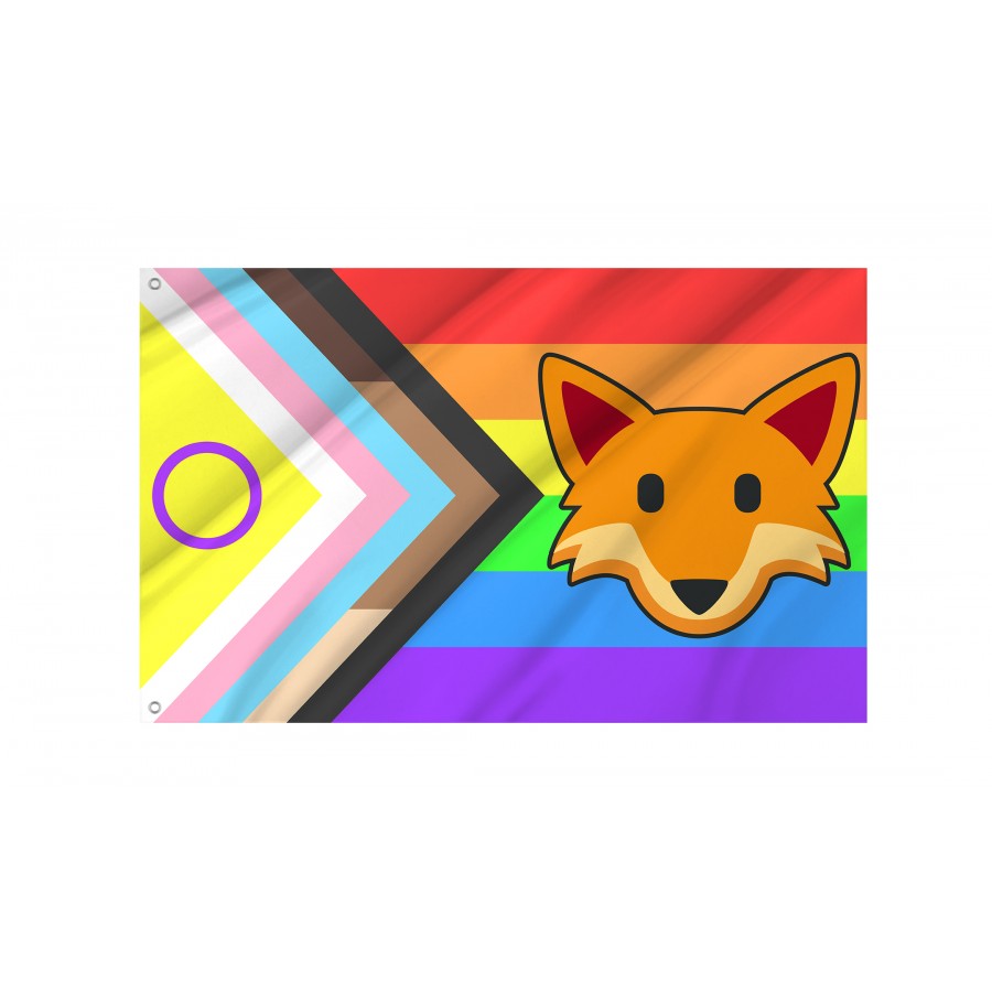 Flag of Fox Emoji on Progress Pride, Unique Design Print, Flags for Indoor & Outdoor Use