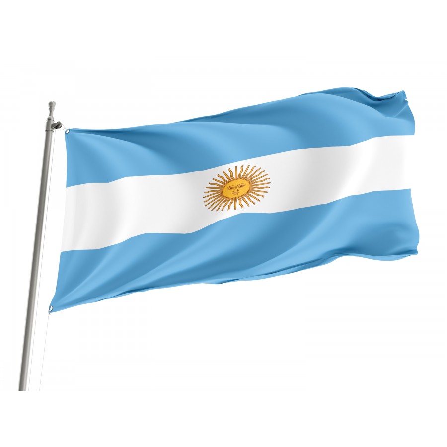 Argentina Flag flying outdoors, 3x5 polyester flag with brass grommets.