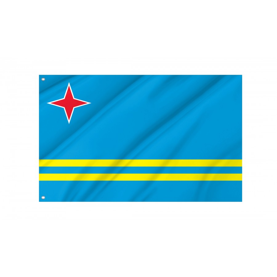 Aruba Flag flying outdoors, 3x5 polyester flag with brass grommets.