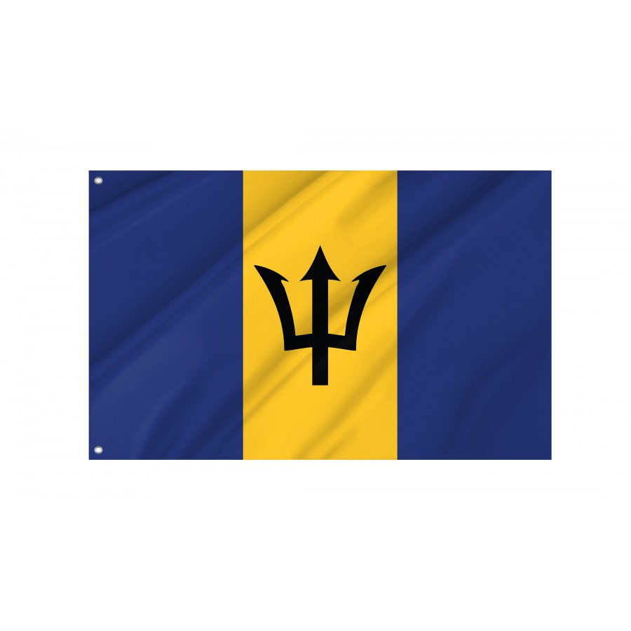 Barbados flag flying outdoors, 3x5 polyester flag with brass grommets.