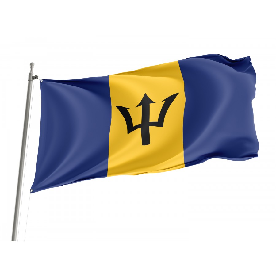 Barbados flag flying outdoors, 3x5 polyester flag with brass grommets.