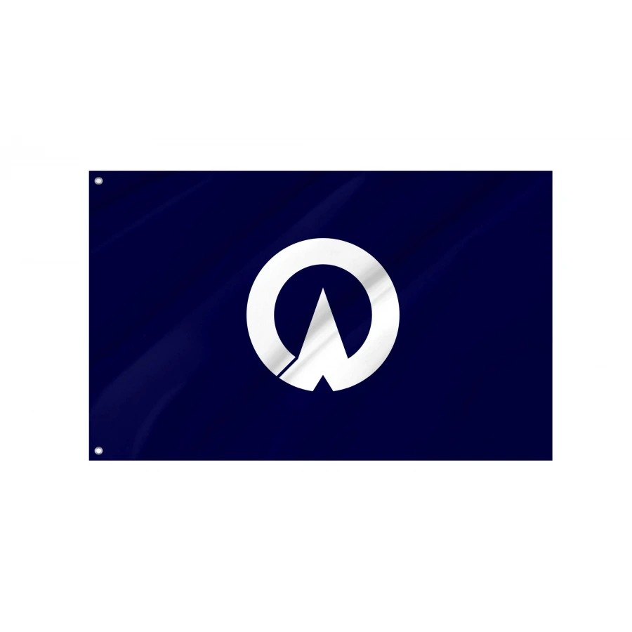 Historic Akeno Ibaraki flag 1956-2005 with white circular katakana A emblem on dark navy blue field