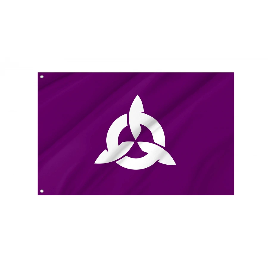 Ami Ibaraki municipal flag with three interlocking white katakana symbols on a deep purple field