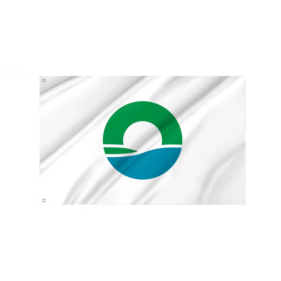 Inashiki Ibaraki municipal flag with green blue and white rice-inspired emblem