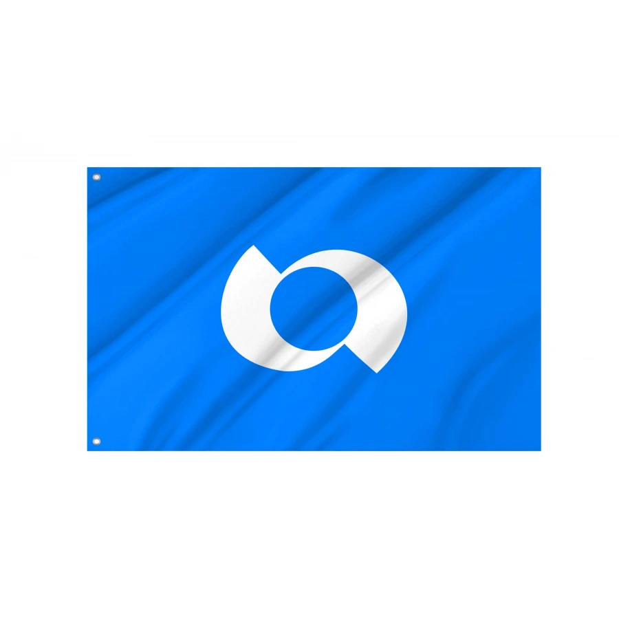 Historic Iwai Ibaraki flag 1971-2005 with white stylized hiragana I municipal emblem on blue field