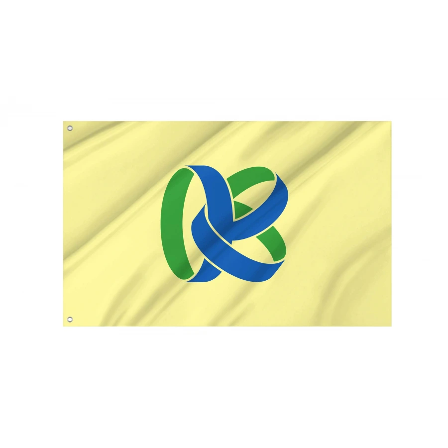 Kasama Ibaraki municipal flag with blue and green interlocking K emblem on yellow field