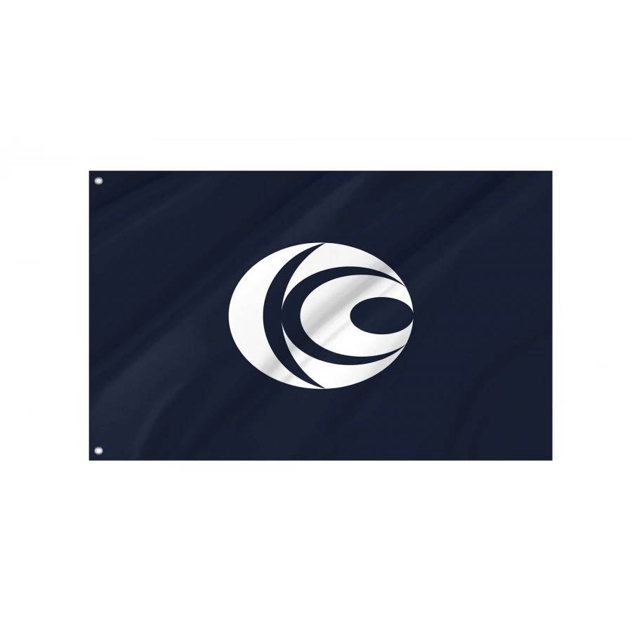 Kawachi Ibaraki municipal flag with white stylized K emblem and rice grain symbol on blue field