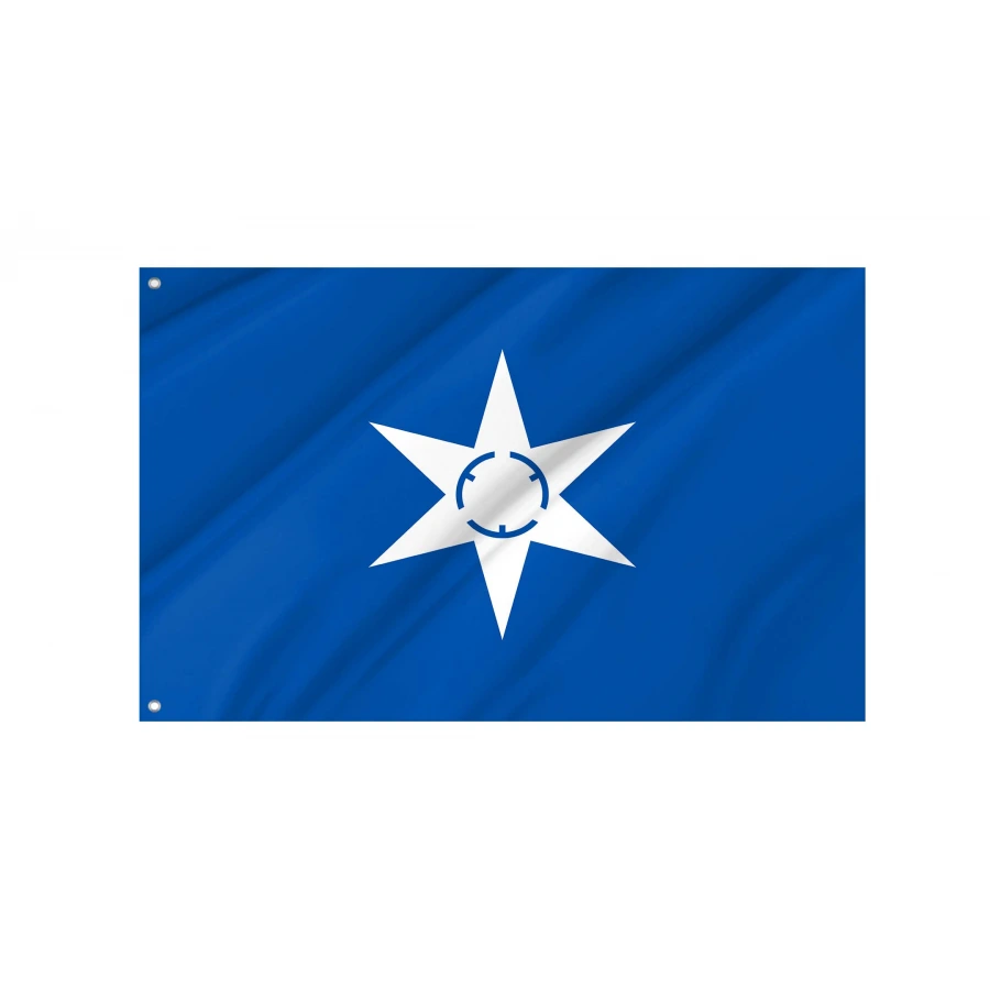 Mito Ibaraki municipal flag with white six-pointed geometric kanji emblem on blue field