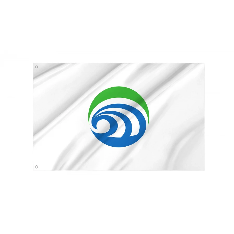Omitama Ibaraki municipal flag with blue and green curved O M T emblem on white field