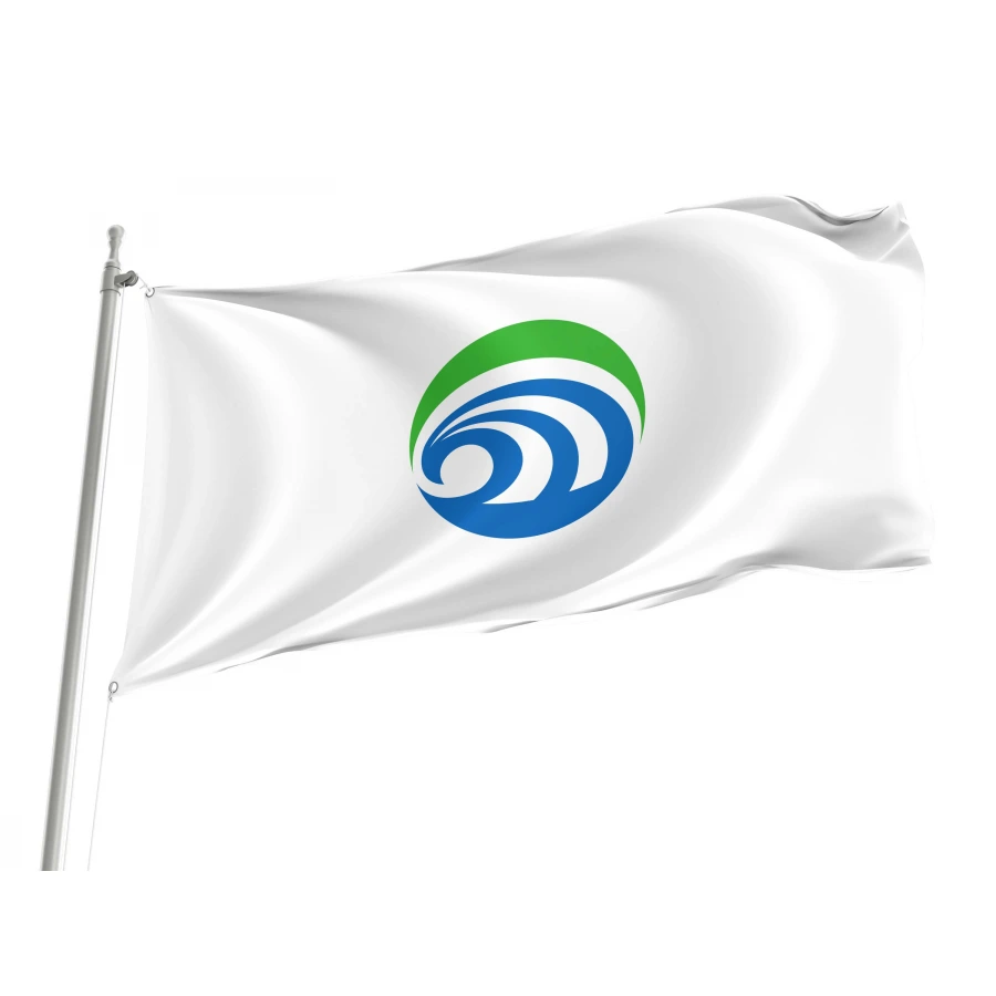Omitama Ibaraki municipal flag with blue and green curved O M T emblem on white field