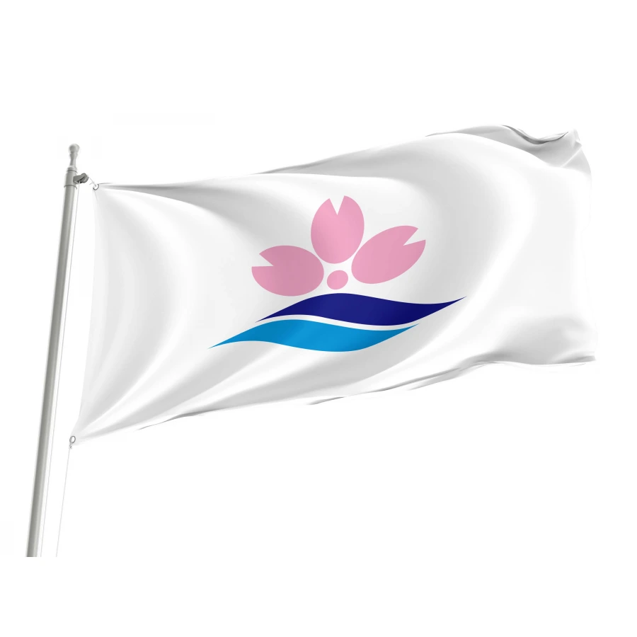 Sakuragawa Ibaraki municipal flag with three pink cherry blossom petals and dark blue and bright blue mountain and river emblem on white field