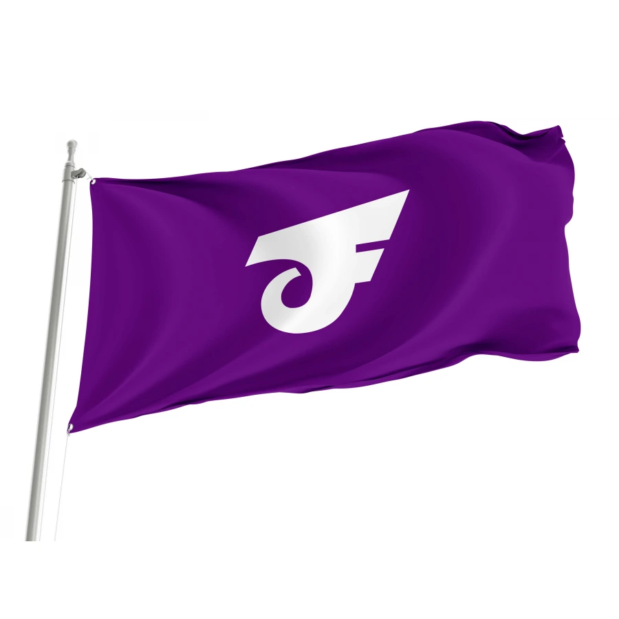 Shimotsuma Ibaraki municipal flag with white upward-sloping kanji emblem on purple field