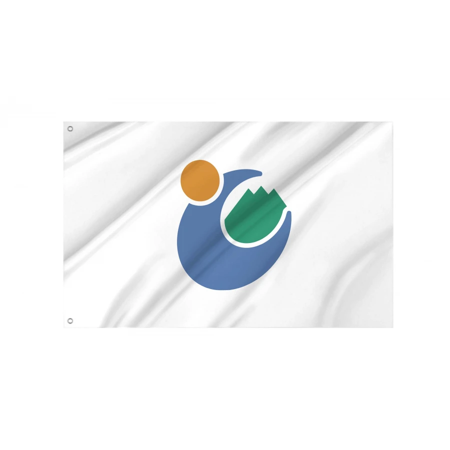 Tomioka Gunma municipal flag with blue green and orange city emblem on white field
