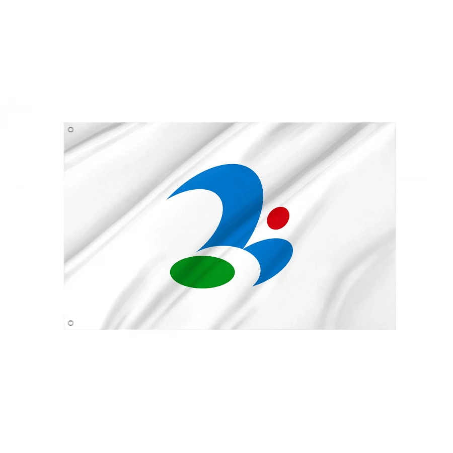 Tsukubamirai Ibaraki municipal flag with blue flying bird emblem, green oval and red sun on white field