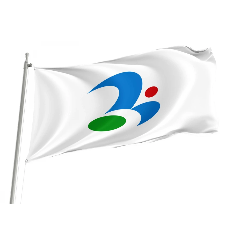 Tsukubamirai Ibaraki municipal flag with blue flying bird emblem, green oval and red sun on white field