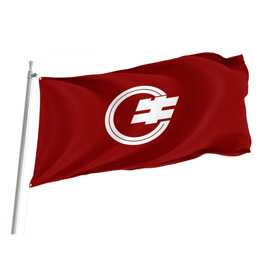 Ushiku Ibaraki municipal flag with white wing-shaped Japanese character emblem and circular design on dark maroon field