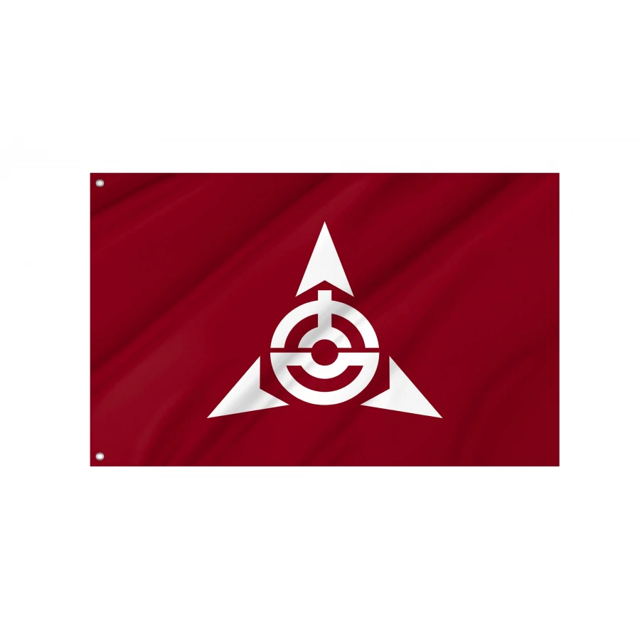 Yoshioka Gunma municipal flag with white historic arrowhead emblem on maroon field