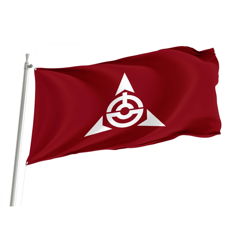 Yoshioka Gunma municipal flag with white historic arrowhead emblem on maroon field