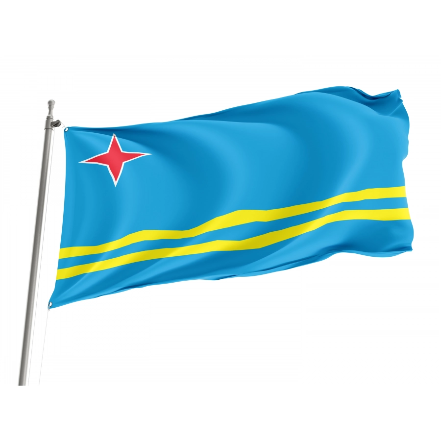 Aruba Flag flying outdoors, 3x5 polyester flag with brass grommets.