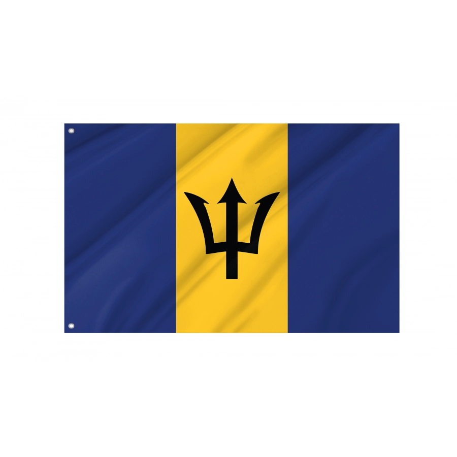 Barbados flag flying outdoors, 3x5 polyester flag with brass grommets.